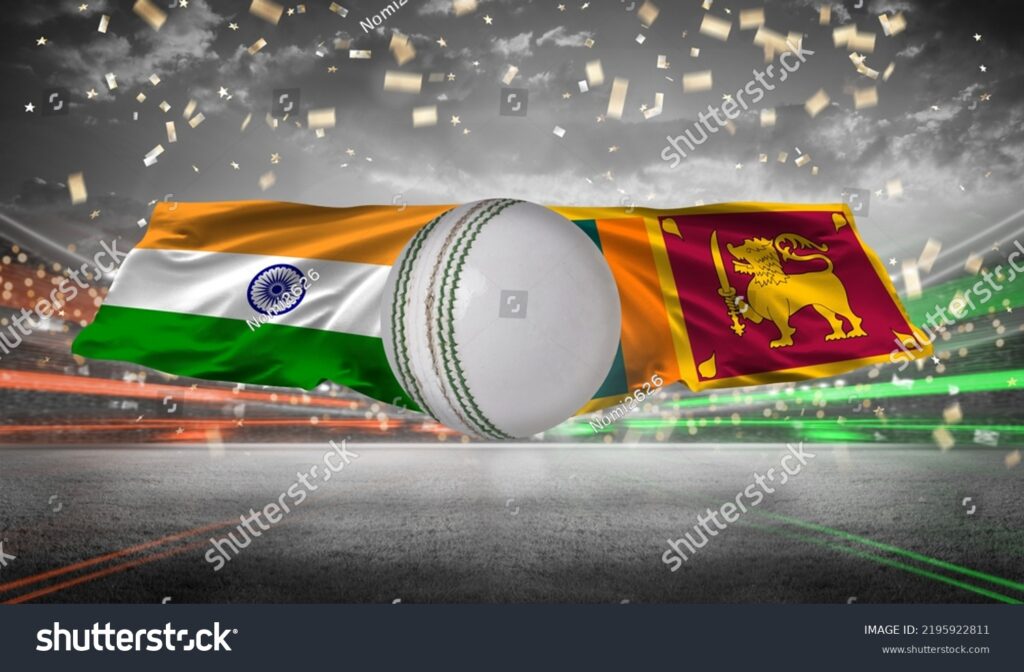 stock photo karachi pakistan august india vs sri lanka cricket flags with trophy celebration stadium d 2195922811