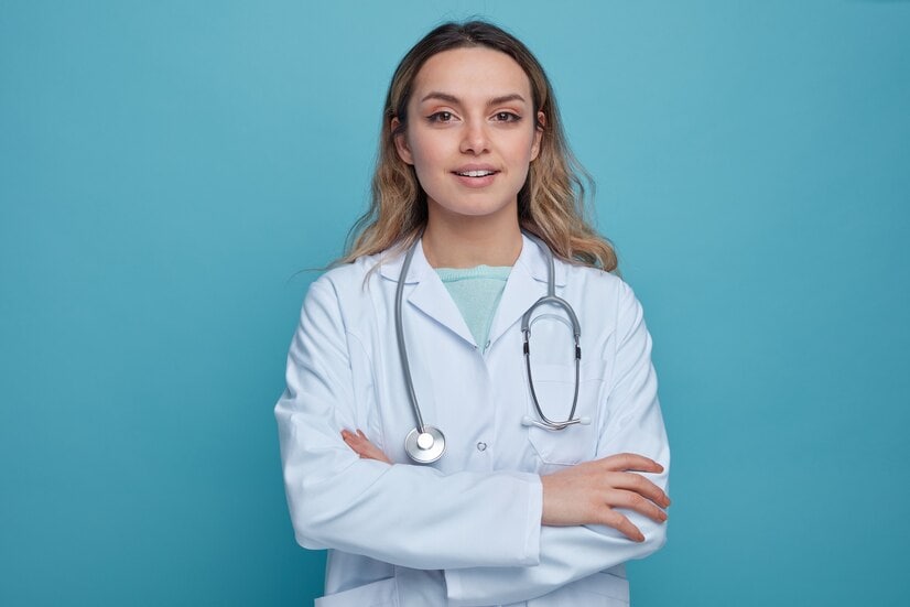 pleased young female doctor wearing medical robe stethoscope around neck standing with closed posture 409827 254 pleased-young-female-doctor-wearing-medical-robe-stethoscope-around-neck-standing-with-closed-posture_409827-254