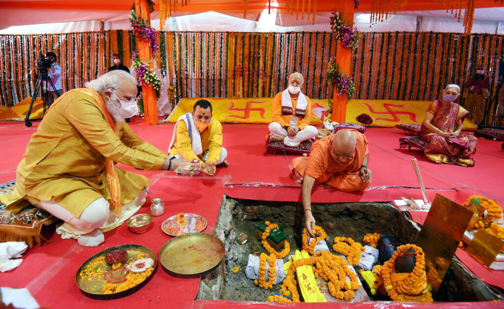 Prime Minister Shri Narendra Modi performing Bhoomi Pujan at ‘Shree Ram Janmabhoomi Mandir in Ayodhya Uttar Pradesh on August 05 2020