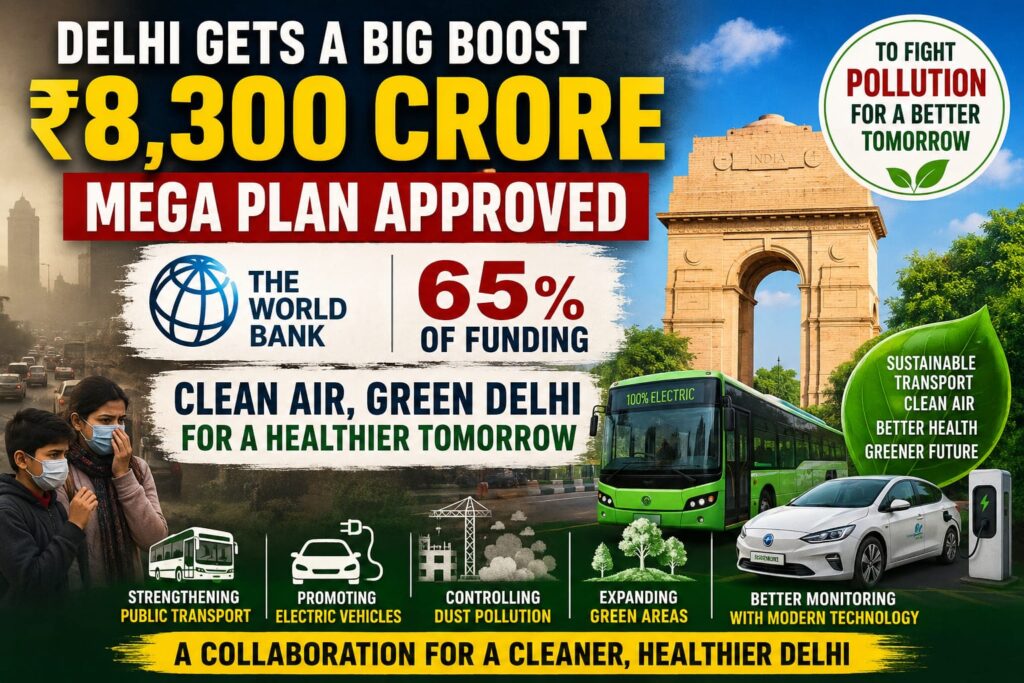 To address the pollution in Delhi: ₹8,300 crore mega plan approved, World Bank to provide 65% of funding.