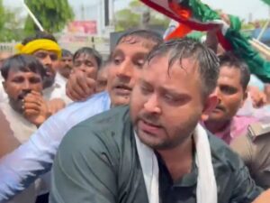 Tejashwi Yadav Detained During RJD’s Foot March, Crowd Dispersed With Water Cannons