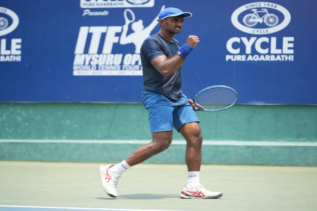 S D Prajwal Dev during singles RD32 of Cycle Pure Agarbathi ITF Mysuru Open 2023 at Mysore Tennis on March 29 Wednesday 1
